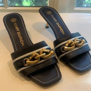 Tory Burch kitten heel slides. Navy and green with gold accents.